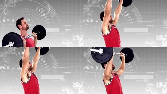 健美运动员在动画背景下举起沉重的杠铃重量