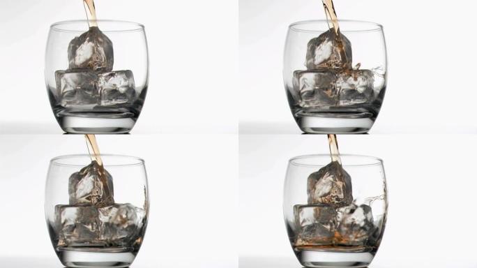 威士忌倒入装有冰块的玻璃杯中