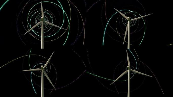 带有计算机动画背景的旋转风力涡轮机
