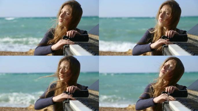 在一架旧钢琴上弹奏的女孩