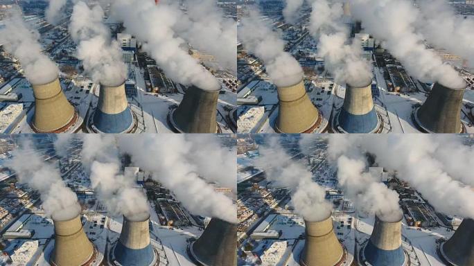 工业厂房烟囱向天空抛烟。空气污染概念。