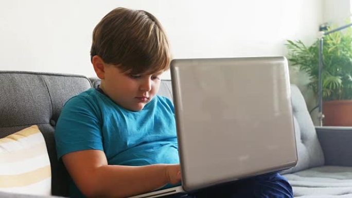 男孩在客厅使用笔记本电脑4k