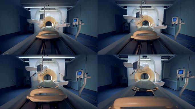 空MRI CT PET扫描仪的广角视图。断层扫描仪正在进入准备状态。