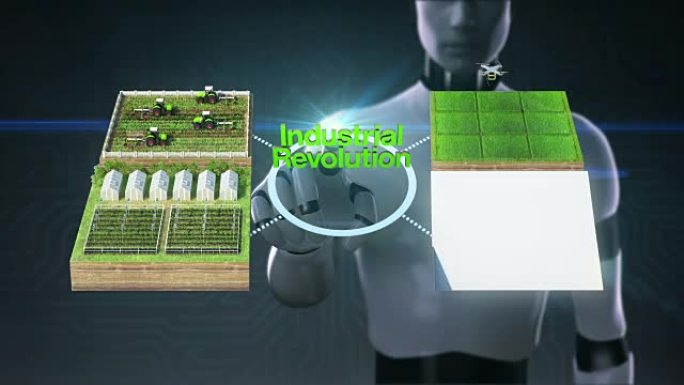 机器人，机器人触摸 “工业革命” 技术，智能农场，传感器连接乙烯基房子，温室。连接物联网2。