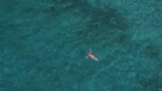 空中: 适合年轻女子在令人惊叹的水晶般清澈的海洋中的深水中游泳