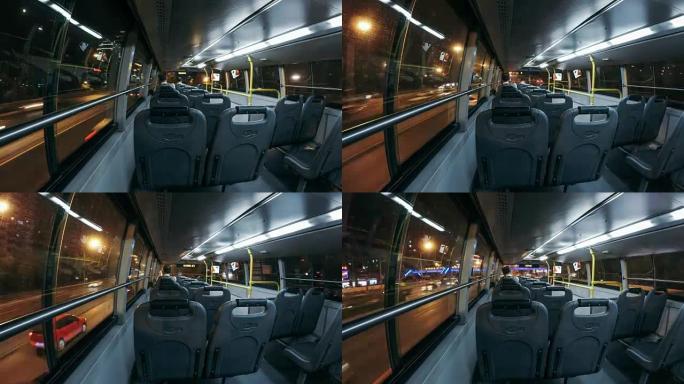 夜间/北京，中国，公共汽车在街上行驶的内部视图