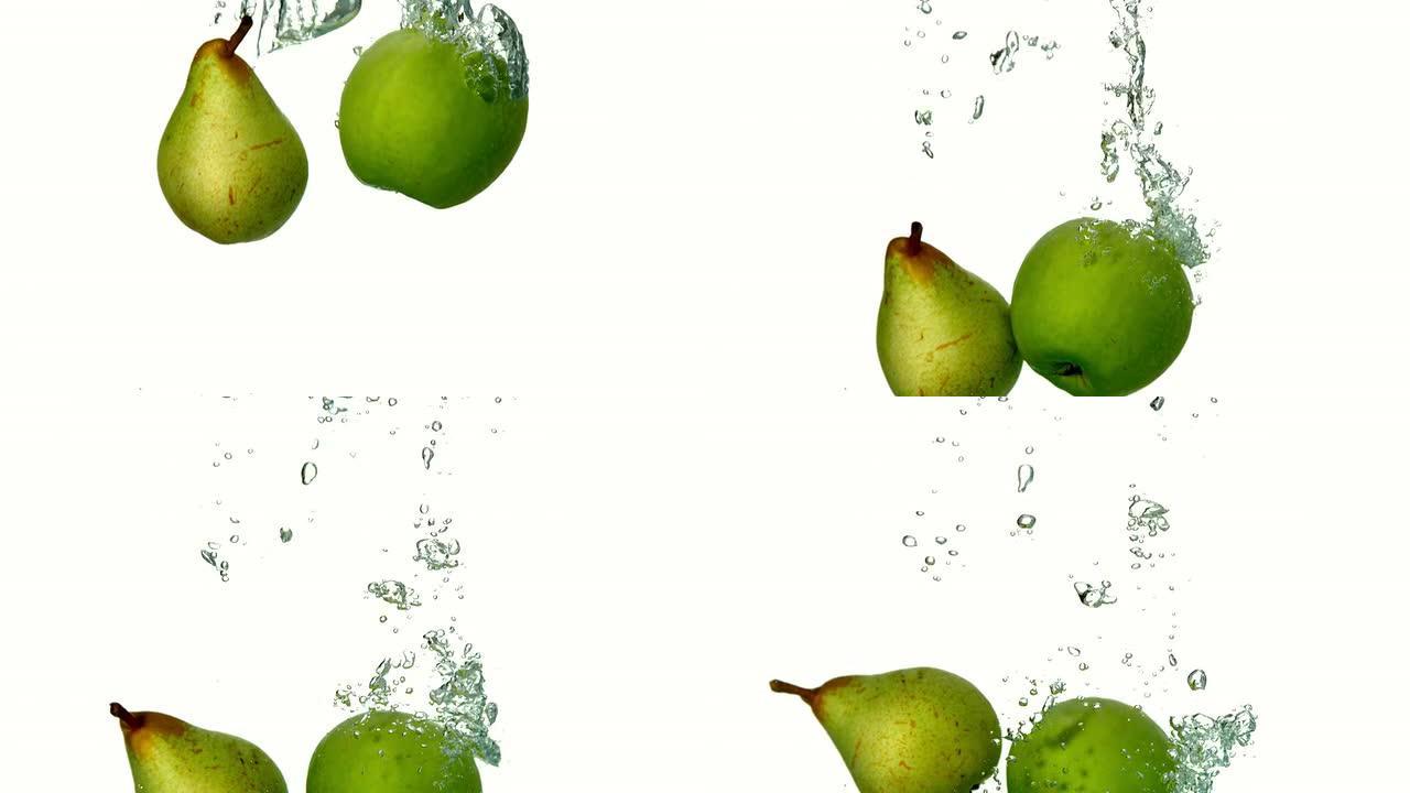梨和苹果在白色背景下陷入水中