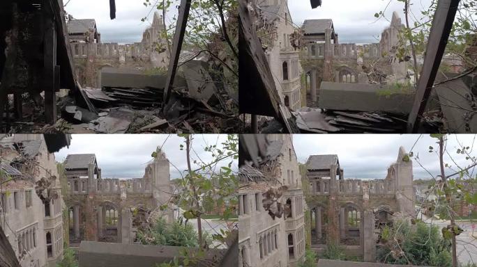 FPV: 站在废弃的城市卫理公会教堂倒塌的屋顶上，加里