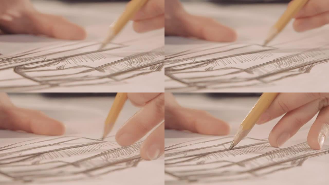 女孩在纸上画一支铅笔。特写