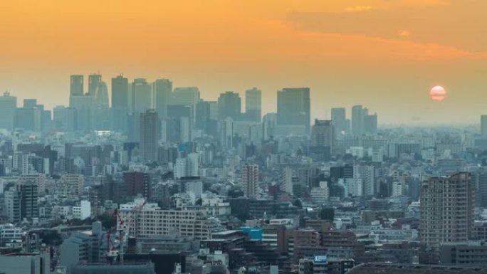 延时: 新宿东京市容日落的鸟瞰图