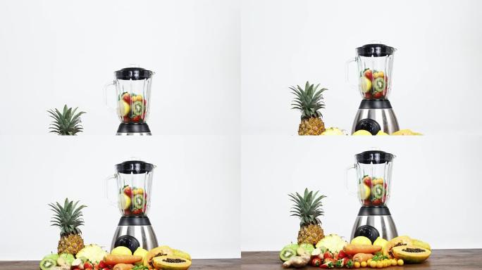 搅拌机中的各种水果和蔬菜