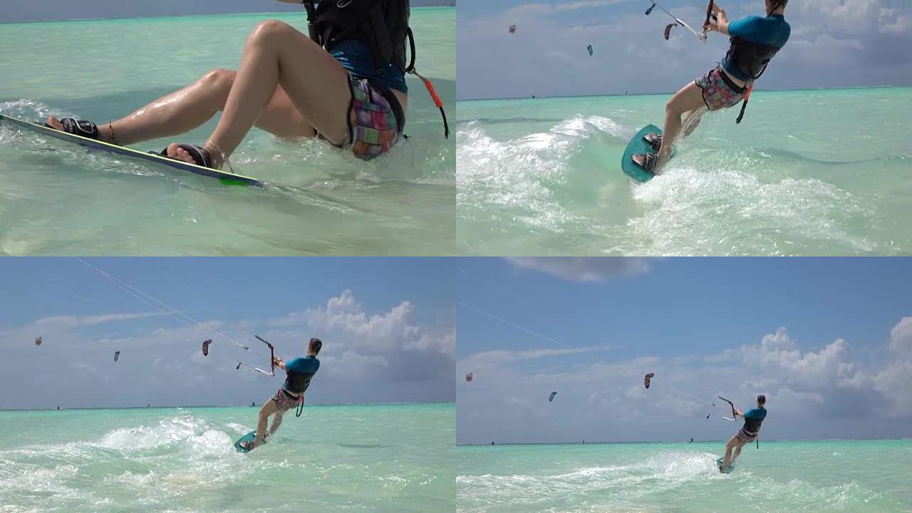 慢动作: 冲浪女孩让风筝水开始，风筝冲浪离开