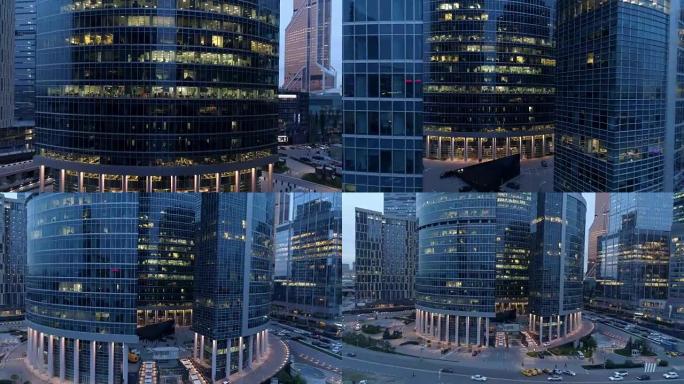 莫斯科国际商务中心夜间的摩天大楼。4K。