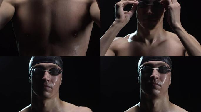 身体强壮的游泳者在黑色背景下伸展