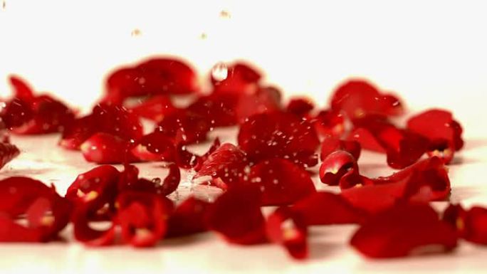 水滴落在红玫瑰花瓣上