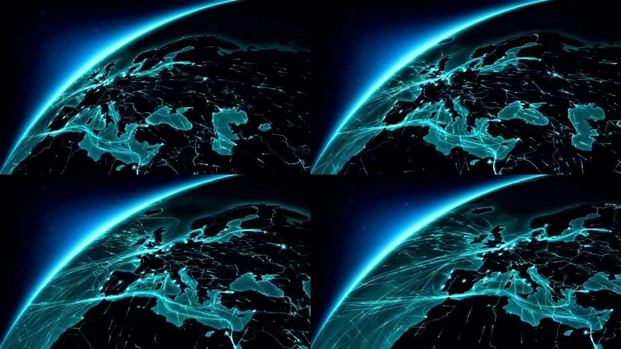 地球连接。欧洲。空中、海上、地面路线和国家边界。