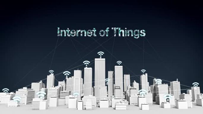 智能城市上的事物wi-fi图标，连接网格错字 “物联网” 白色建筑。