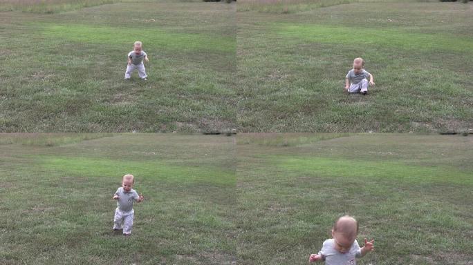 男孩摔倒在草地上行走