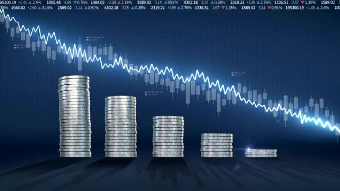 堆积金币和减少蓝色波形线，表示退化股市，经济利润