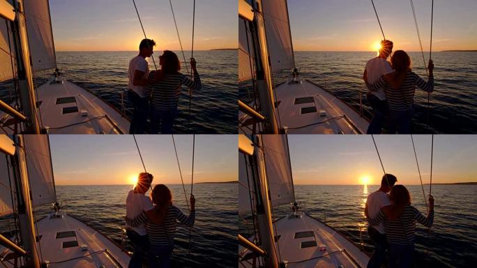 SLO MO情侣们享受日落时的航行