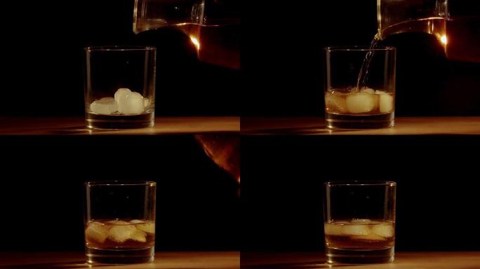 威士忌以慢动作倒入玻璃中