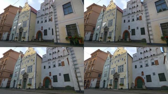 位于拉脱维亚里加的三兄弟建筑群由三栋房屋组成。万向节射击。4K, UHD