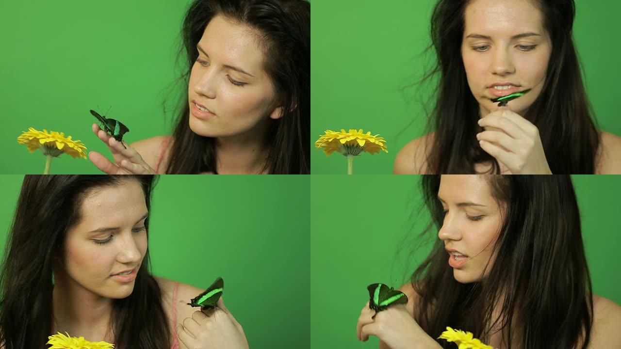 绿色蝴蝶的美女绿色条纹蝴蝶黄色的花