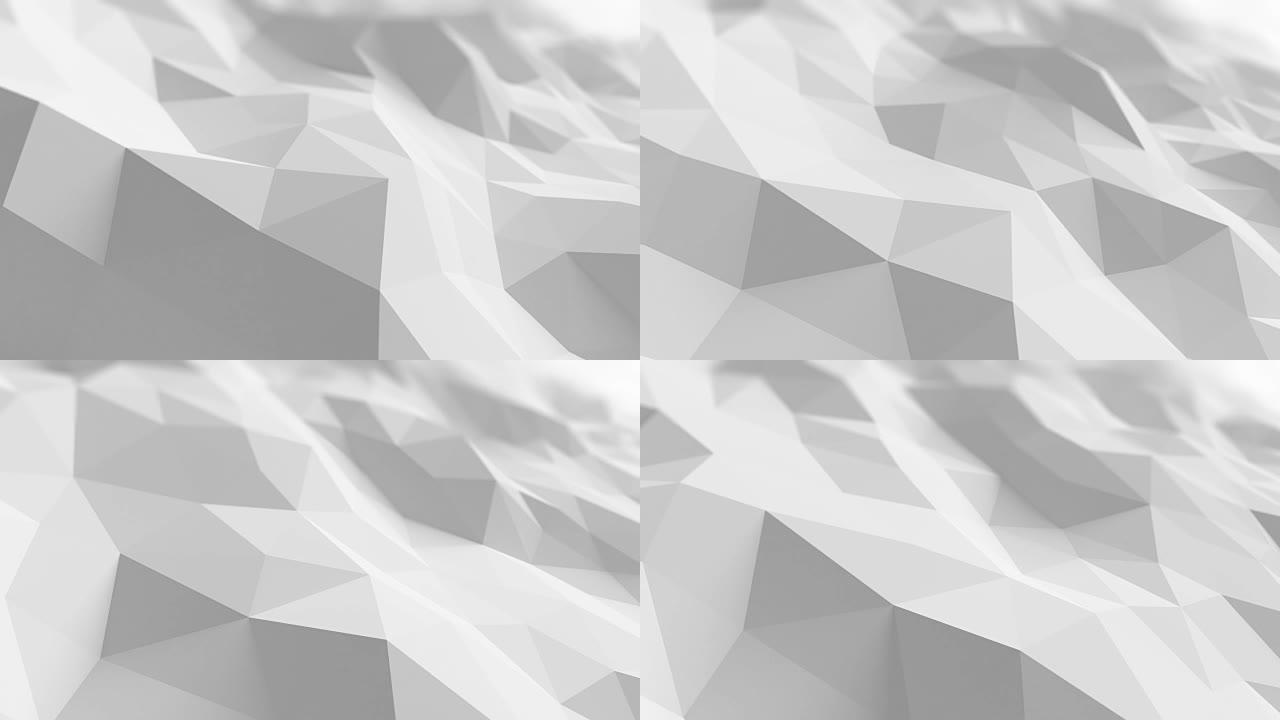 抽象3d动画中的白色低聚表面波动。4k，超高清无缝背景。