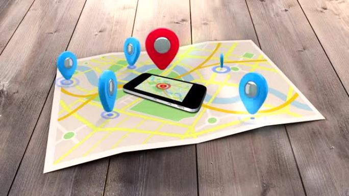 红色标记指向位于被蓝色标记包围的地图上的移动设备