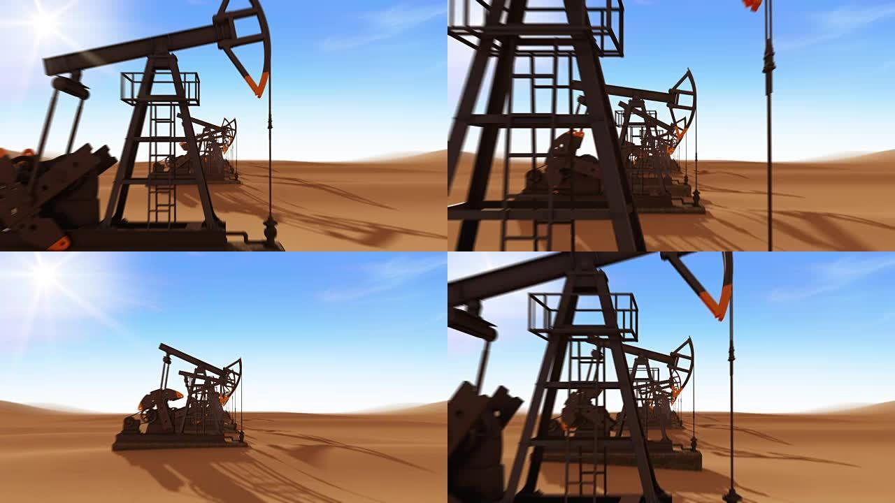 在沙漠中通过工作油泵千斤顶飞行。循环3d动画。阳光明媚。高清1080。