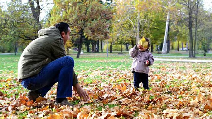 在公园里享受秋天周末带娃国外游玩秋季落叶