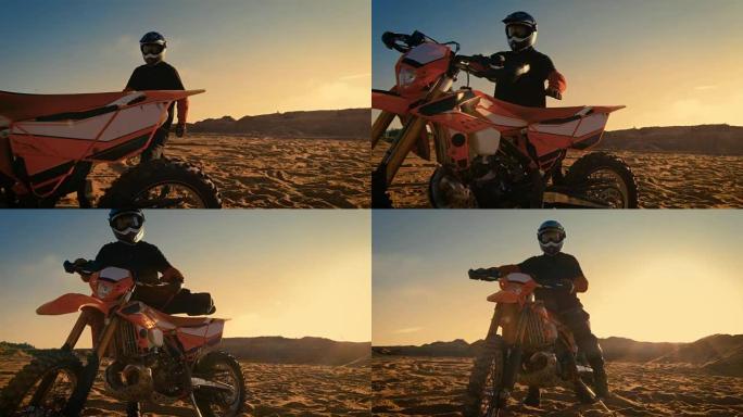 前视图拍摄的专业摩托车越野赛车手鞍上他的FMX土地车在沙/土地路。