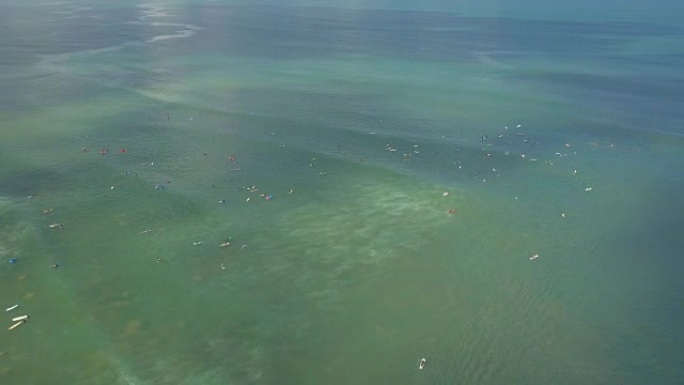 空中: 巴厘岛冲浪点的冲浪者和长板运动员在海浪中