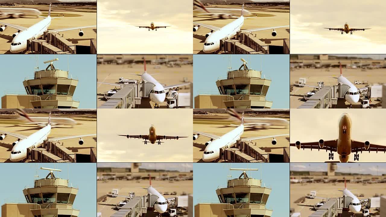 飞机停靠在登机口，飞机接近和空中交通管制塔台。1中的4个角度
