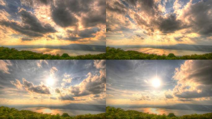 阳光和云朵在湖面上掠过