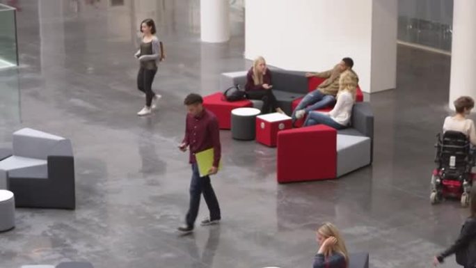 学生在繁忙的大学大厅里一起放松，拍摄于R3D