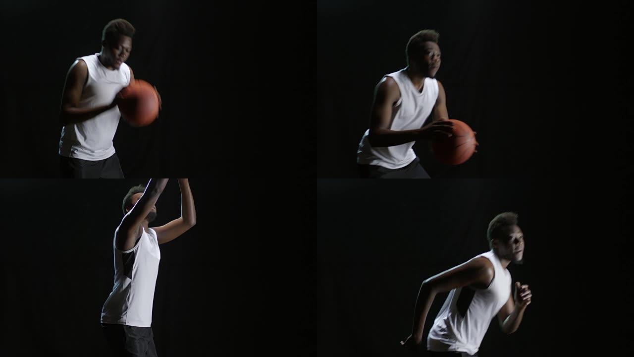 黑人篮球运动员射击球