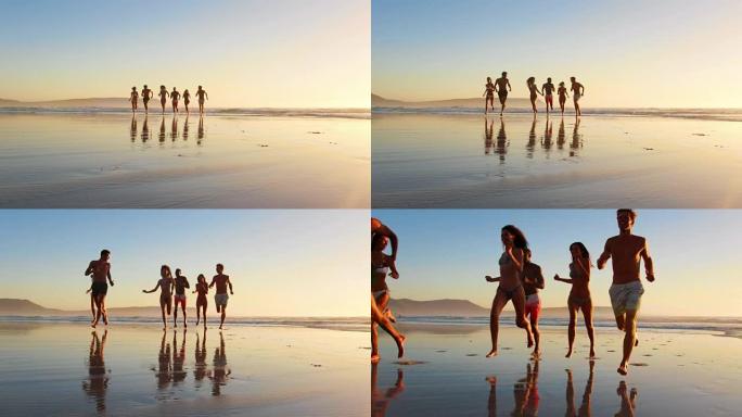 在海滩度假的日落时分，朋友在海浪中奔跑