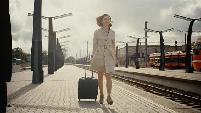 带着行李走在火车站的女人