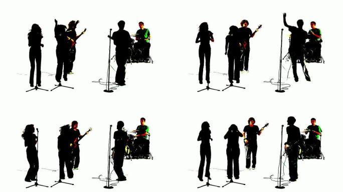 一个举起双手的乐队的Grunge剪影