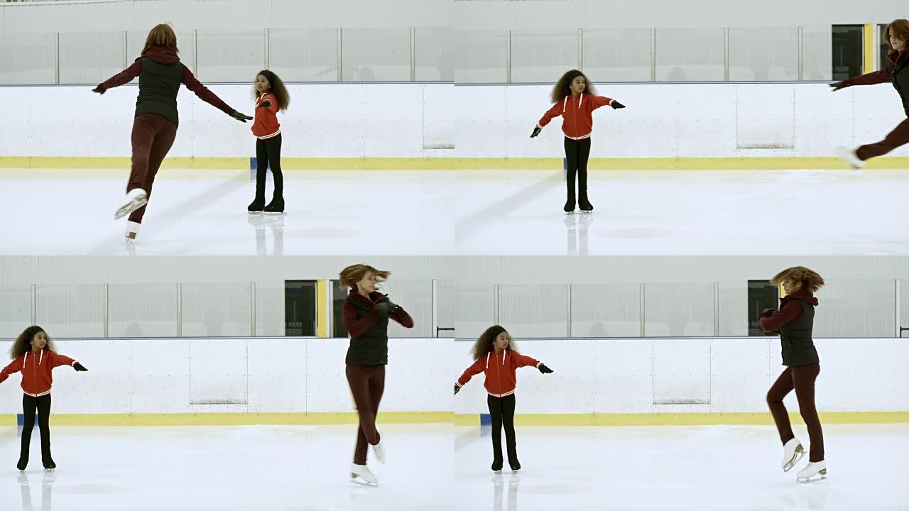 女运动员教女孩如何在冰上旋转