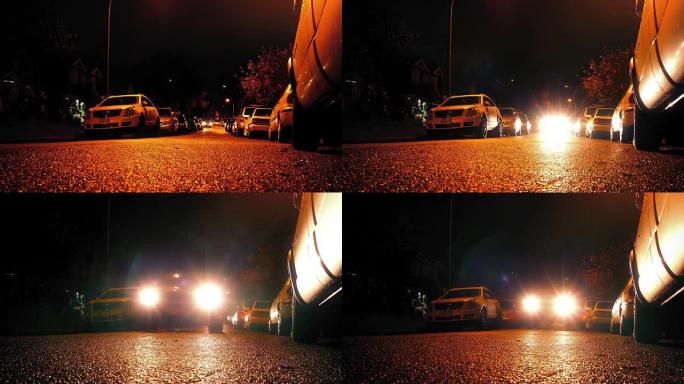 夜间驶过的汽车的道路水平视图