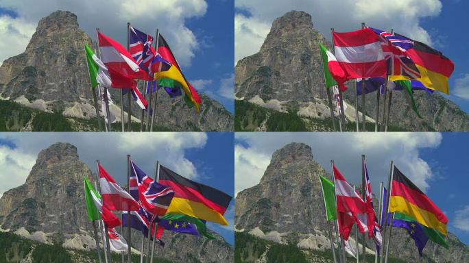 高山前的高清欧洲旗帜