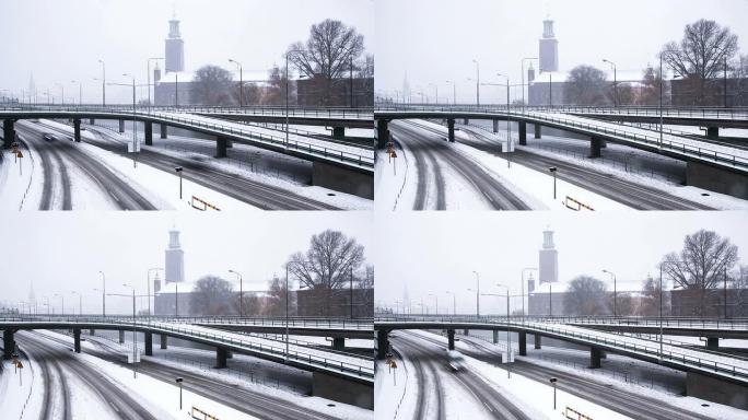 延时:斯德哥尔摩市政厅在冬天与大雪
