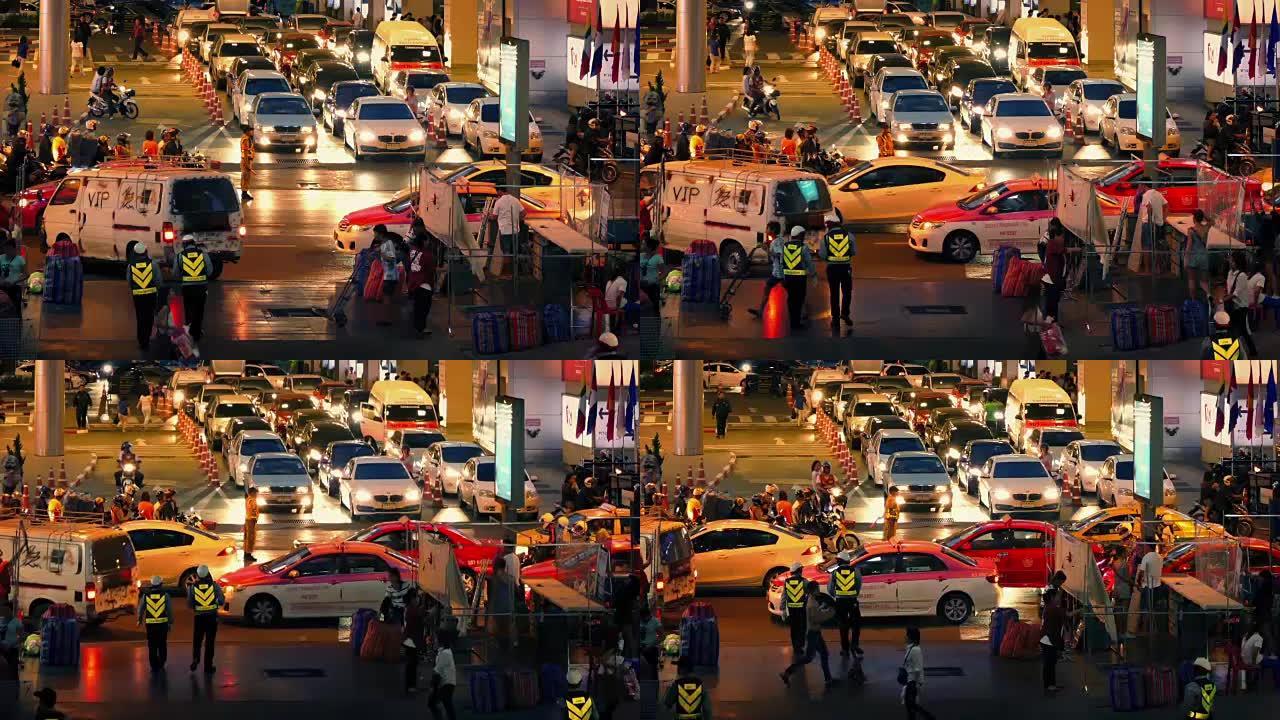 曼谷繁忙的夜景，警察指挥交通