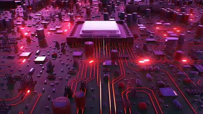 红灯飞过电路板和处理器。带有红色信号弹的主板和中央处理器的循环3d动画。技术和数字概念。