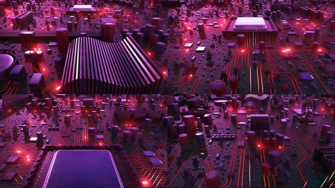 红灯飞过电路板和处理器。带有红色信号弹的主板和中央处理器的循环3d动画。技术和数字概念。