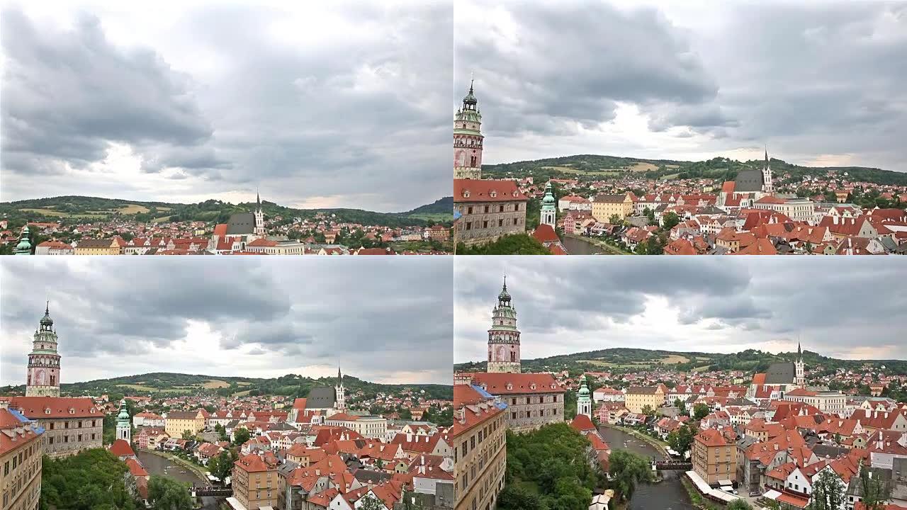 电影倾斜: 捷克共和国黄昏时的空中捷克克鲁姆洛夫老城
