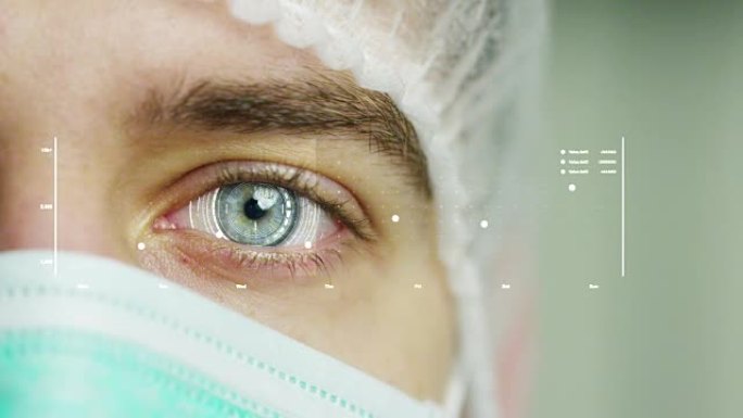 医生、外科医生的眼睛的特写或宏观。医疗保健和患者保护的未来和技术愿景。未来医学，科技眼，医学全息，未