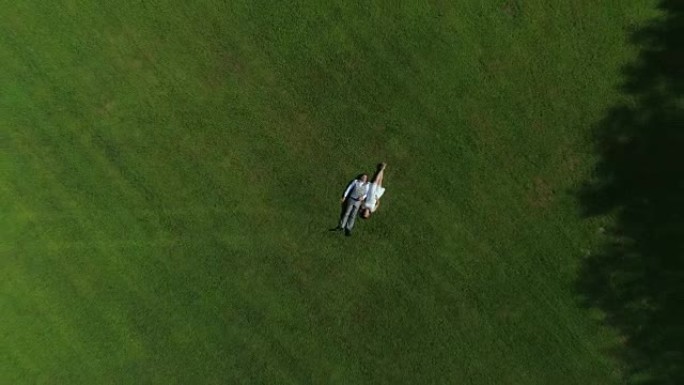空中自上而下: 激动的怀孕夫妇躺在草地上牵着手